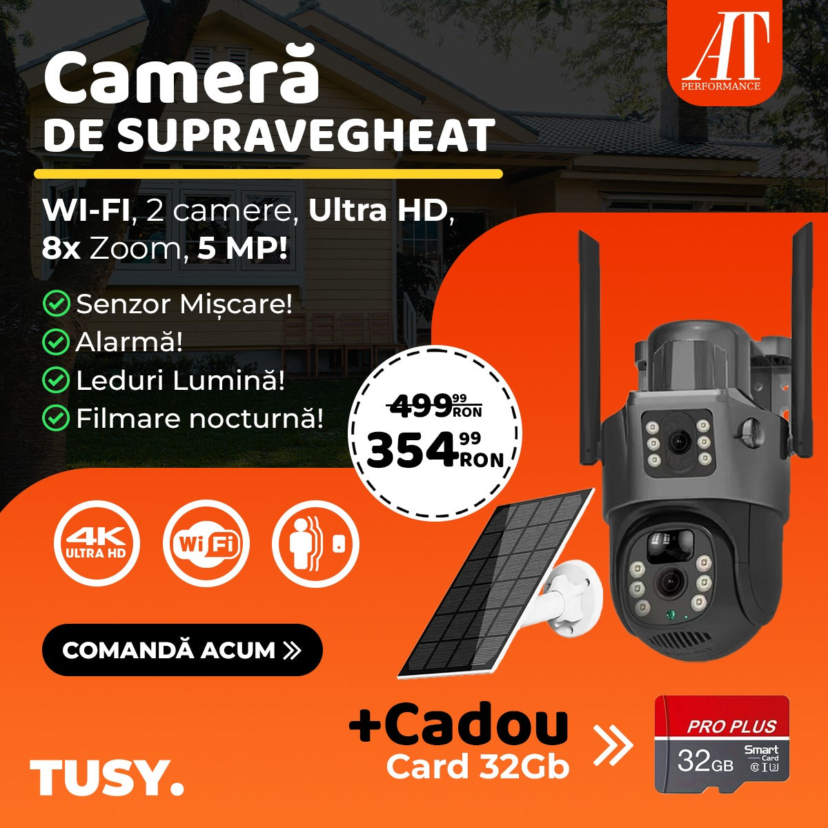 Cameră Supraveghere SIM cu 2 Camere 5MP AT PERFORMANCE® – Exterior, Zoom 8X, Panou Solar, IP66, Negru